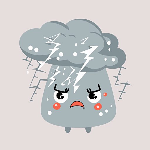 cute angry grey storm cloud with thunder kawaii style, vector clipart