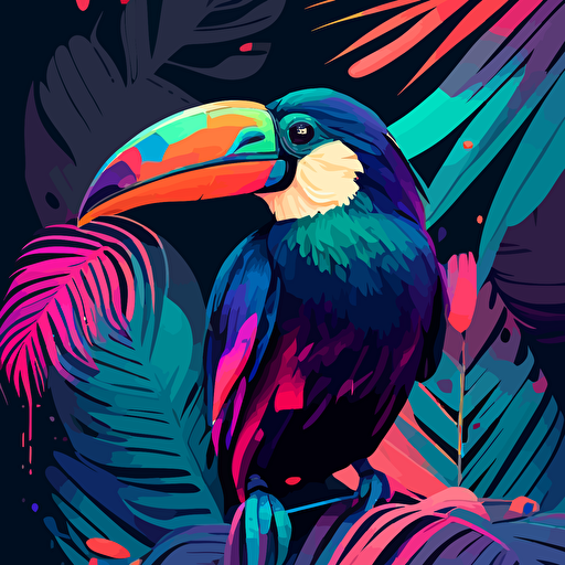 frontpage vector illustration::toucan next to raven::vaporwave colors, colorful, no background color