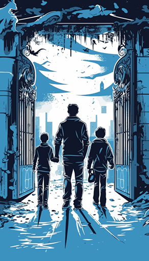 vector image of a family welcoming their father and husband leaving prison, heartfelt, blue and white and dark grey, graffiti style