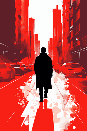 a man wearing a coat and walking on a split red and white background, in the style of simplistic vector art, cityscape, film noir, poster art, realist detail, careful composition, stencil-based
