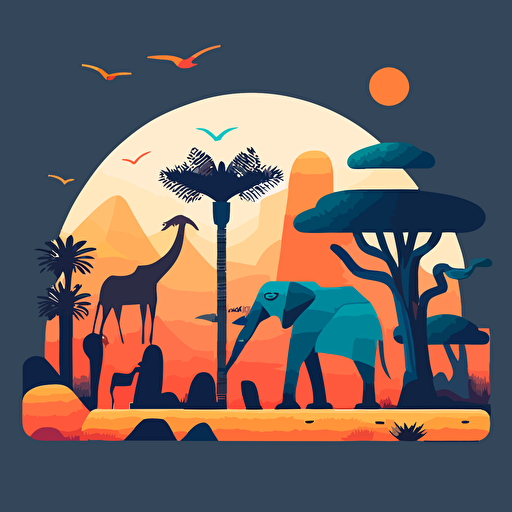 Minimalist, vector illustration, zoo background, mystery, solid color background, vibrant colors, rolling sky
