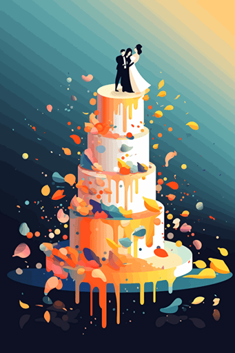 vector illustration of a wedding cake with the bride and groom toppers falling off the top, bright colors, illustrated