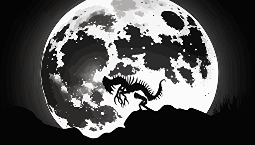silhouette of a scorpion at the full moon, black and white, vector art