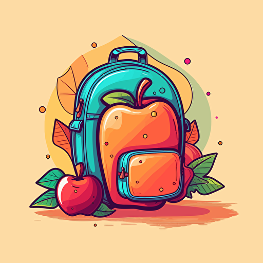 an illustration of an apple next to a backpack, stylized, vector art style, back to school style, happy colors