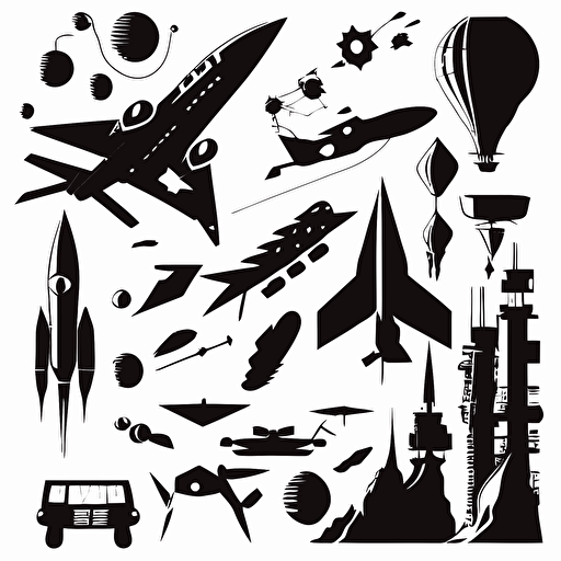 simple vector art of different aerospace components, black on white backrgound, planes, rockets, kites