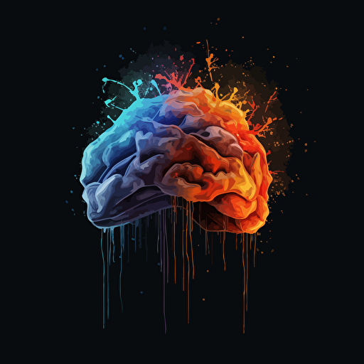 A picture of a brain outputing colors that symbolize creativity, expertise, Vector Syle, dark background, blue, white, orange