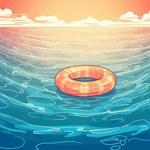 an illustration of pool water covering the bottom of the background, a pool float is floating on the water, it's sunny outside, the background color should be light, it should be in vector style artwork, it should be cute and fun feeling