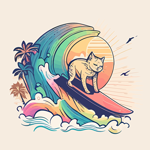 simple, vector art, vector, vector logo, 2d, surfer cat , Pastel, Cartoon, stylised