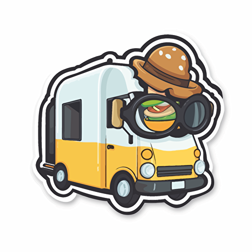 cool sticker food truck holding magnifying glass vector sticker white background