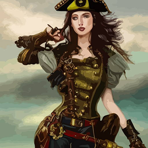 beautiful 2d illustration young female steampunk pirate wearing leather armor gold red trimmings green cool pose pirate ship epic sky background slightly smiling charlie bowater annie leibovitz zhuoxin ye cinematic lighting composition fantasy painting detailed ornate trending artstation pinterest deviantart google images