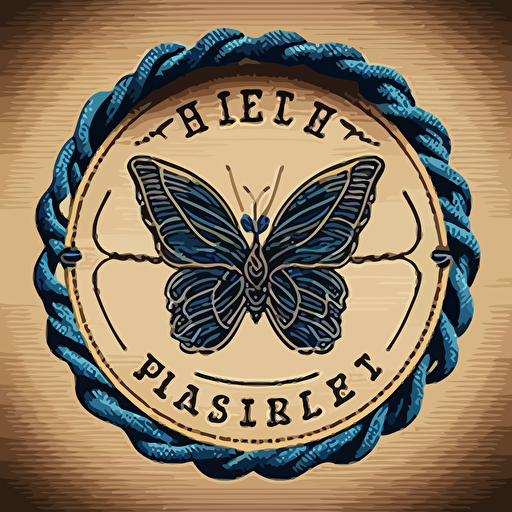a logo design for a handmade bracelet workshop, called "Pulser Art" that features a 2D vector logo design, including spool of thread, a handmade bracelet and a blue butterfly, surrounded by a thin rope.