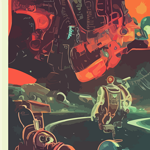 retro vintage sci fi dark 2d matte gouache illustration dark lively blissful holistic cyborg robotic awareness consciousness ornate detailed majestic