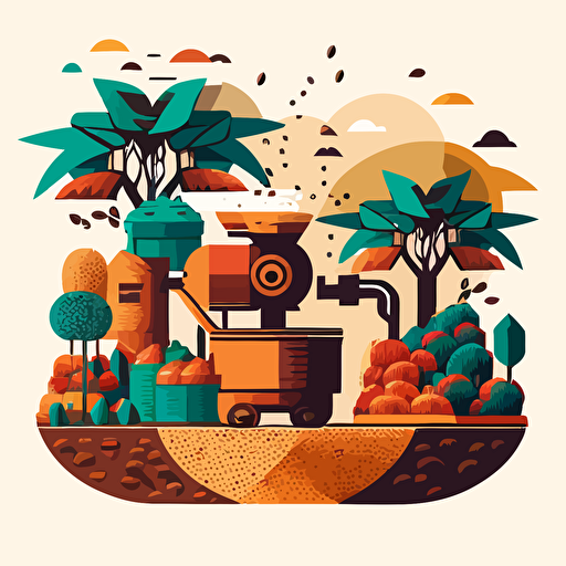 coffee landscape growing illustration, coffee bean, grinder, grower, 2d vectors, geometric, colors inspired by Colombia and coffee culture, coffee growing
