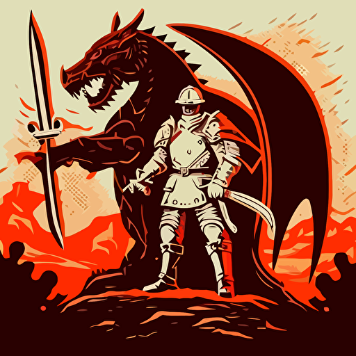 simple vector illustration of a warrior who is standing in front of a big dragon, battle scene, retro colors, logo