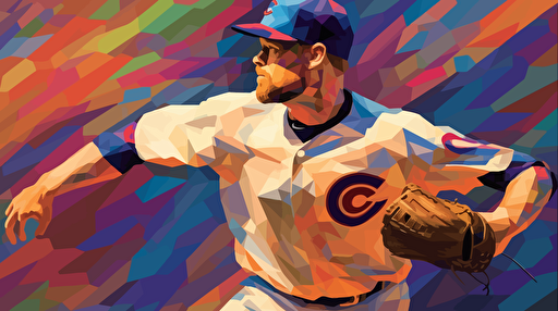 Chicago Cubs player Kerry Wood standing on a pitchers mound. Over his baseball uniform he is wearing a Lab coat and albert einstein hair. cubist painting, Neo-Cubism, layered overlapping geometry, art deco painting, Dribbble, geometric fauvism, layered geometric vector art, maximalism; V-Ray, Unreal Engine 5, angular oil painting, DeviantArt