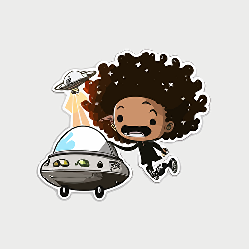 Ufo abducting a happy black stoner, white background, vector, cartoon sticker