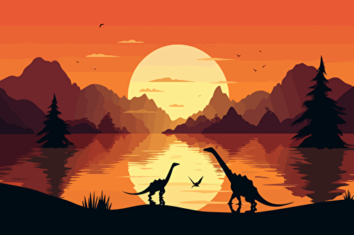 vector style dinosaurs mountains sunset lake