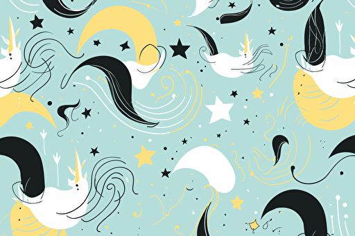 a minimal vector pattern containing unicorn horns, stars and waves. light blue, yellow, black.