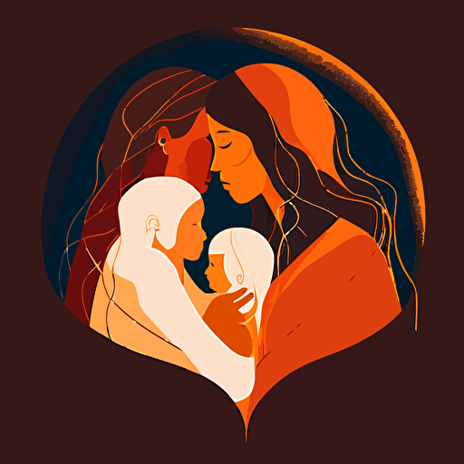 Create a minimalist digital art piece in a vector style depicting two lesbian mothers cradling their newborn child. The composition should focus on the intimacy of the moment, with the mothers holding the baby close and embracing each other. Use a warm color palette to convey the love and joy of this family moment.