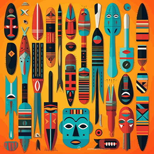 assorted group of colored wooden tools, african style, pop art, flat art, vector art