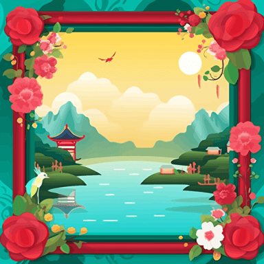Design a learning panel with textured edges, Chinese style, rich details, designed for 6 year olds, high saturated colors, detailed, flat style, vector, animation