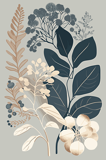 beige and dusty blue botanical illustration, vector