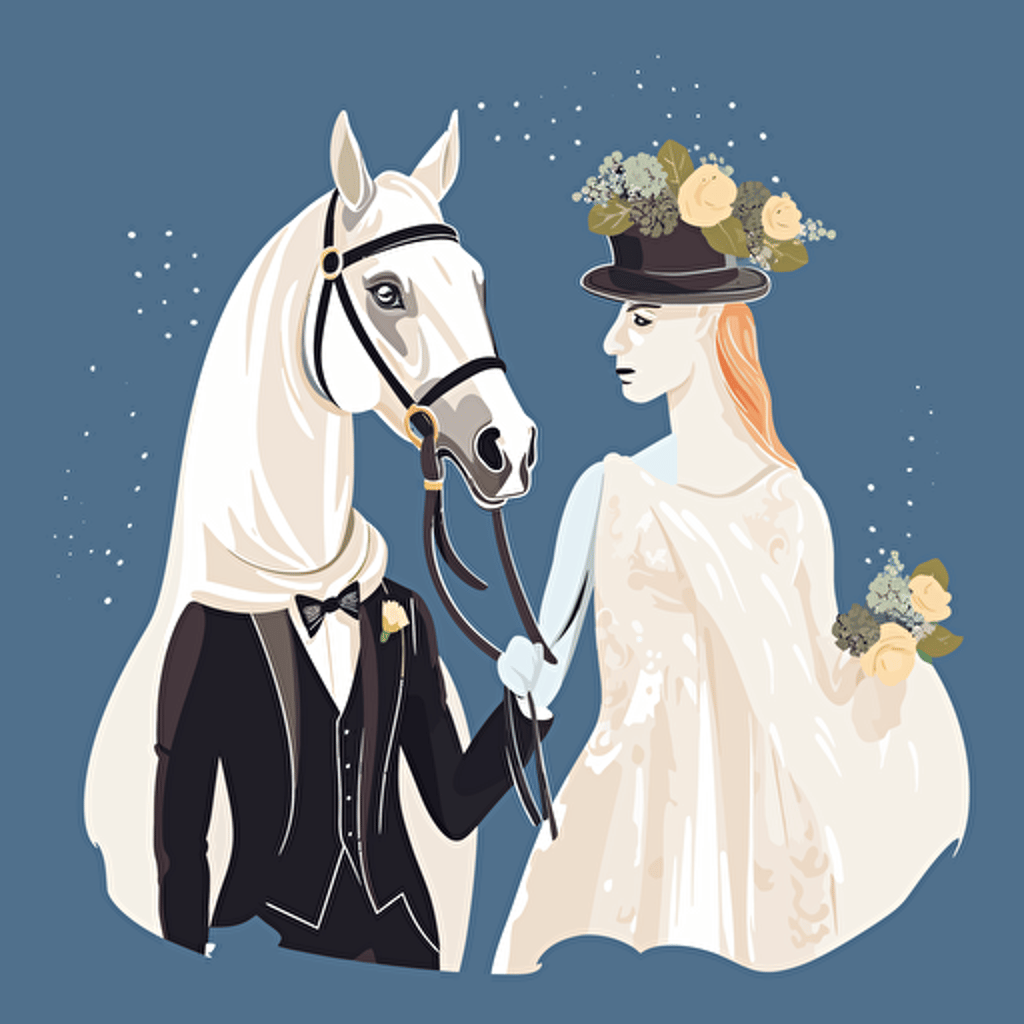 Vector art of a horse dressed as a bride and a horse dressed as a groom, in the style of Britta Teckentrup illustrations