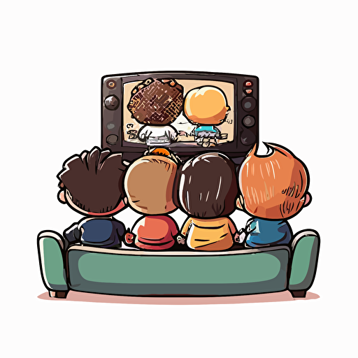 chibi style cartoon vector, group of people sitting on a couch with their backs to the camera, they are watching a television with a ball game on