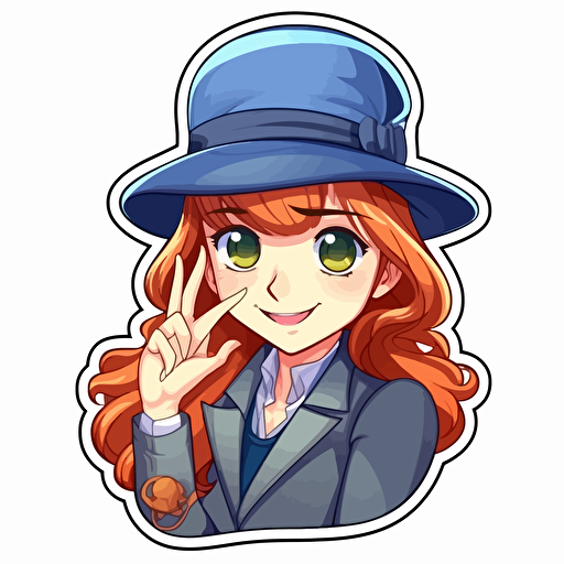 Sticker, Happy Colorful female Sherlock Holmes, long red hair, blue eyes, deerstalker hat, kawaii, contour, vector, white background
