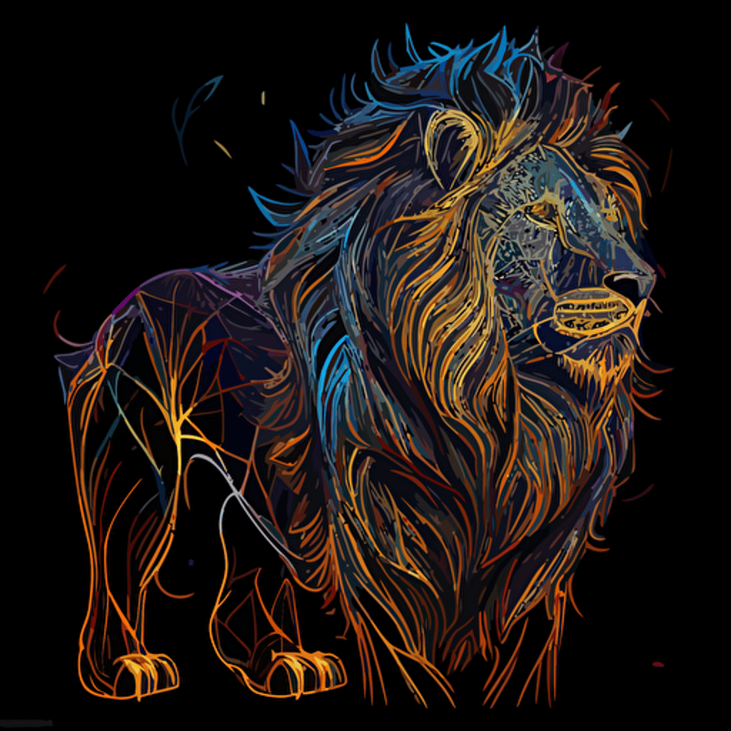 Lion, sticker, triumohant, neon, anime, contour, vector, black background, detailed