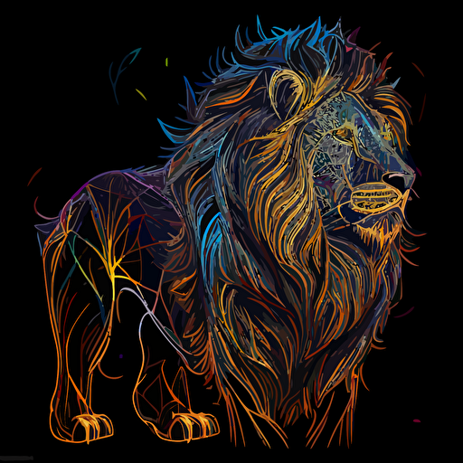 Lion, sticker, triumohant, neon, anime, contour, vector, black background, detailed