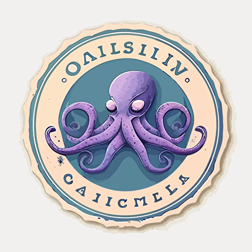 circle logo design, flat 2d vector logo of a cute octopus, muted purple and blue colors, 80s, disney-inspired