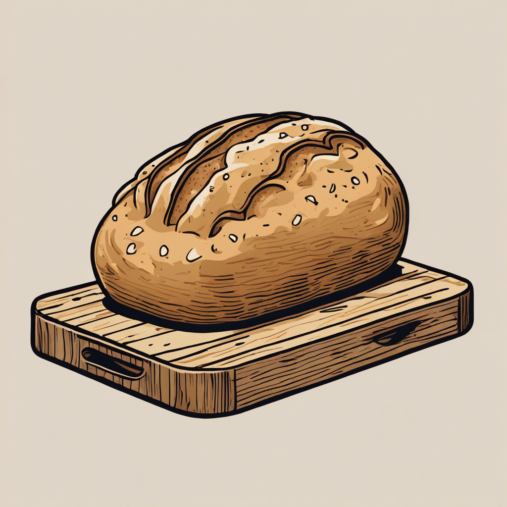 Rustic bread loaf on a cutting board., illustration in the style of Matt Blease, illustration, flat, simple, vector