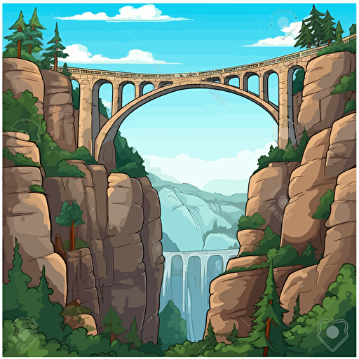 draw vector cartoon style on white background a colorfull high arches bridge with more columns over a deep rock valley