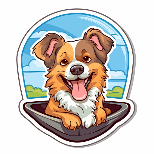 a sticker design, clipart vector style, of a dog with his head out the window, logo vector illustration, the dog looks happy, chillin, enjoying the ride, isolated on white background