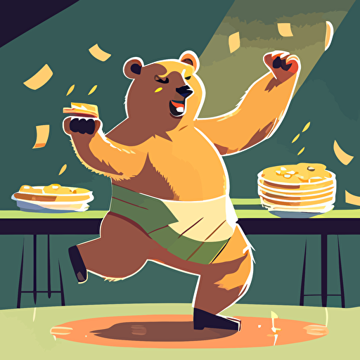 a vector image of a bear dancing, eating cake and counting money.