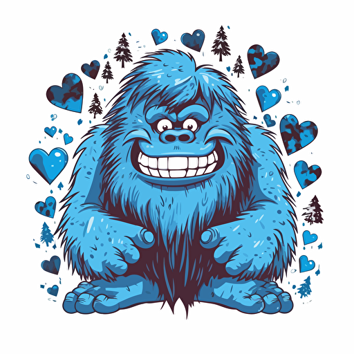 friendly sasquatch with no background, with blue love hearts in the background, vector design