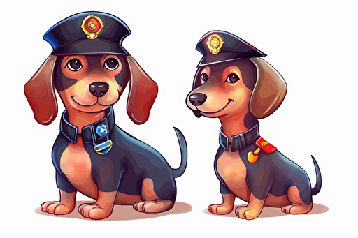 one cute cartoon dachshund dressed as a policeman::10 doodle colored pencil painting folk art::7 fantasy::2 vibrant vector illustration clip art white background::5