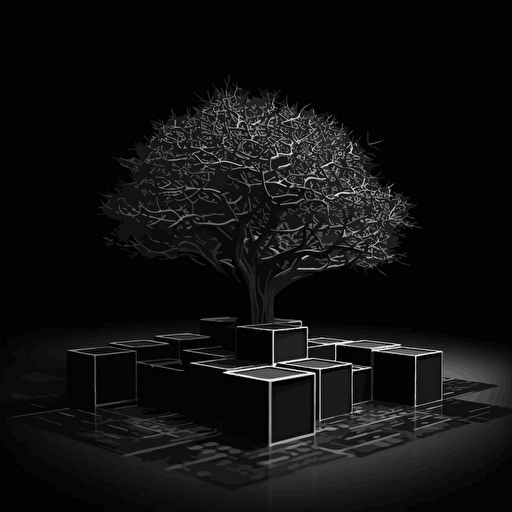 Black background much contrasted by a white vectorise and minimal style cube tree