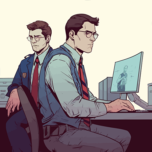 clark kent and security guard, concept art, vector drawing, sitting down in front of a computer, two people, security guard looking over shoulder