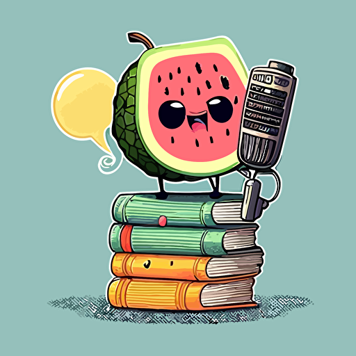 Stickers, vector art, stack of books with a watermelon with eyes in a good mood holding a microphone on top