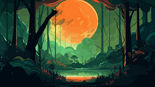 a jungle planet in space, centered, hazy atmosphere, green and orange colors, background is outer space, flat vector illustration