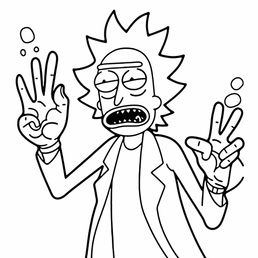 rick sanchez from rick and morty showing middle finger with six arms, vectorized black and white.
