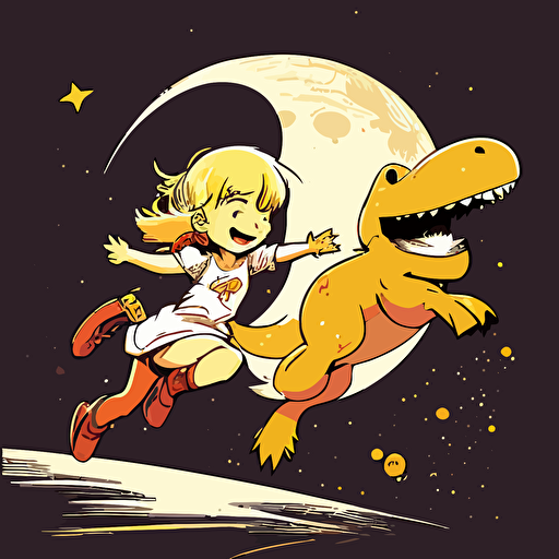 A comic little girl with blonde hair flying over the moon and mars with a smiling yellow dinosaur holding each elbow, ar 2:3, vector