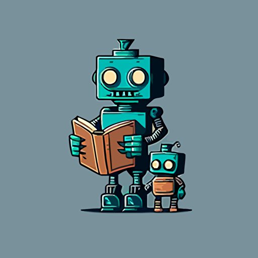 a mascot logo of robot dad holding a book, simple, vector, no shading detail