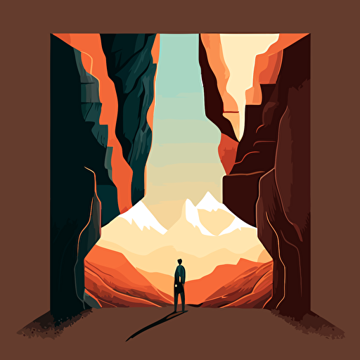 2D vector illustration, one businessman is holding the gap between two mountain cliffs. Simple colors, bright, size is 1600x1200px
