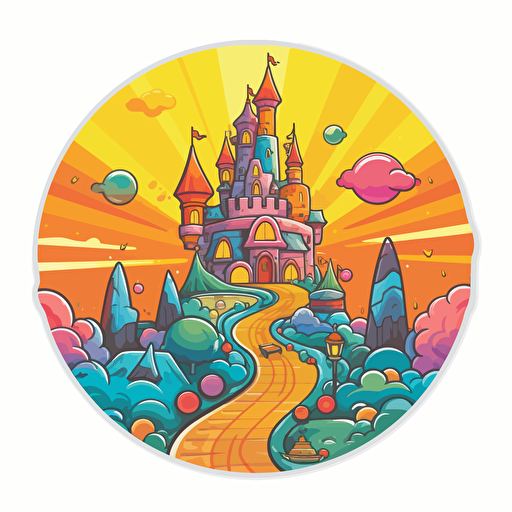 vector sticker design, happy vibes castle with a road, with sun behind castle, elf in front, elf is holding a balloon, birthday party, colorful lights, sunny day, white outline, on a badge, super crisp edges