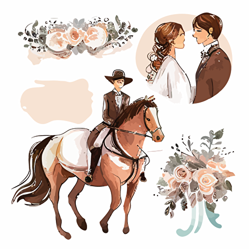 vector illustrations ,very cute wedding illustrations clipart set,beautiful newlyweds riding a horse, on a white background separate elements with a margin, watercolors , husband and wife on their wedding day riding a horse together , love
