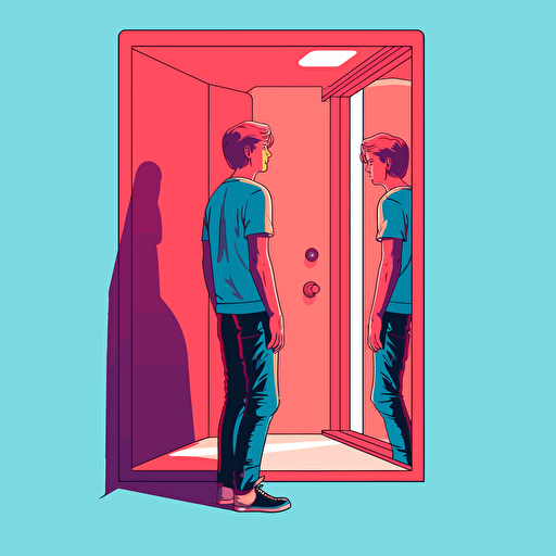 person looking into mirror by tim lahan, 2d vector art, flat colors