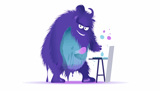 a cute purple yeti with a paint brush painting a computer, negative space, in the style of minimal retouching, aluminum, ultra hd, gorpcore, odilon redon, leica i, sparse and simple, light gradient background, simple vector